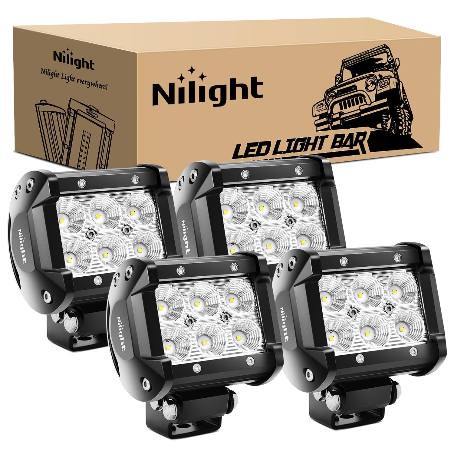 18W LED Pods 4PCS – 1260lm Flood Lights for Off-Road, Truck, SUV, ATV, Boat – 12