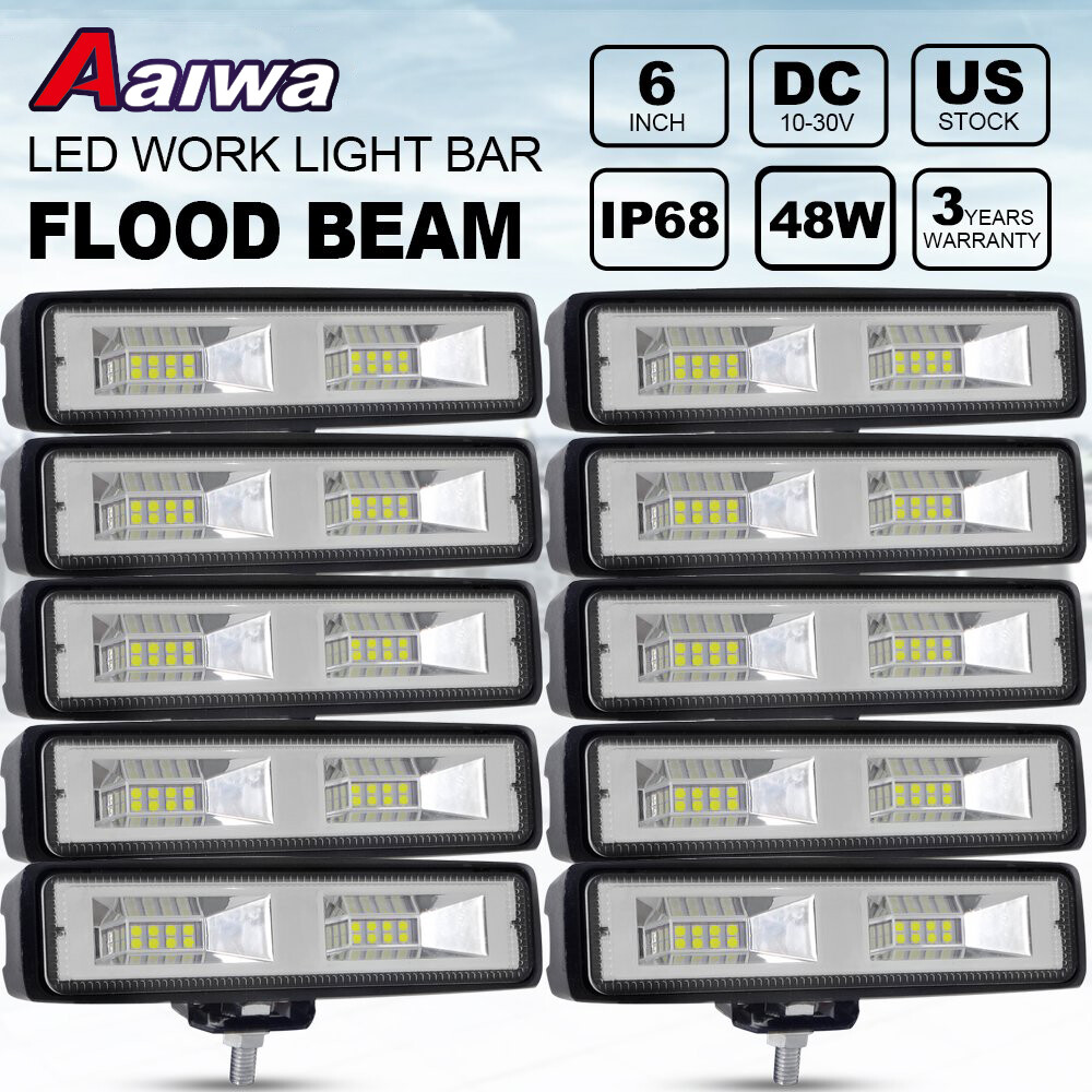 10PCS 6 Inch 48W LED Work Lights Driving Fog Flood Beam Light Bar Offroad SUV