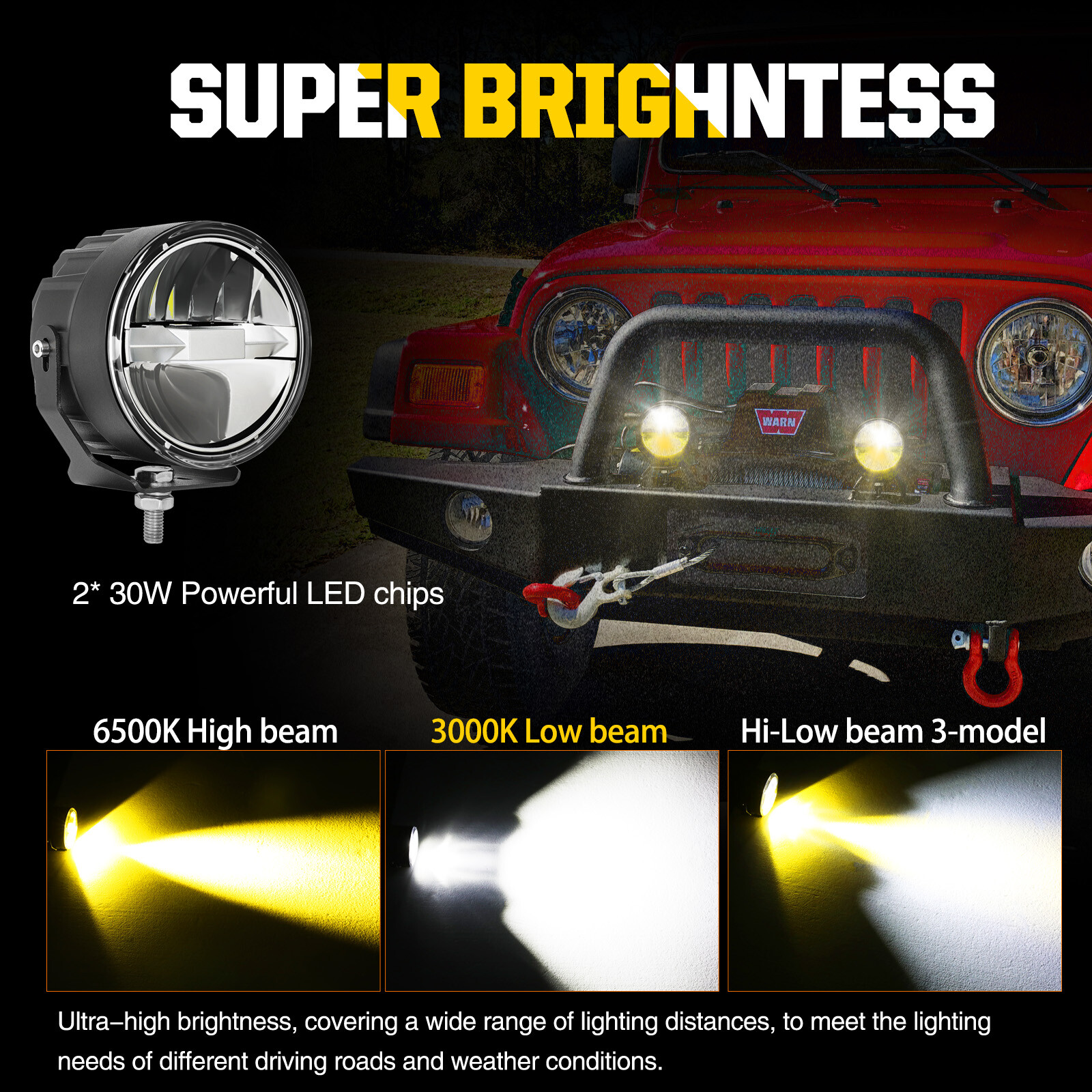 2X 4″ 60W Round LED Off Road Driving Spot Lights Pods Hi/Low Headlights Fog 3.5″