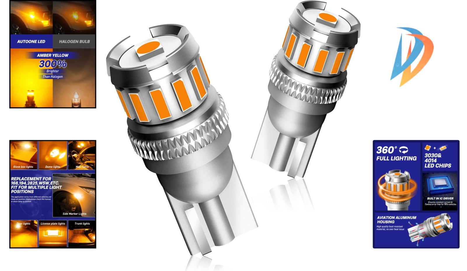 High-Performance 194 Amber T10 LED Bulbs – 50000 Hours Longevity, Easy Install