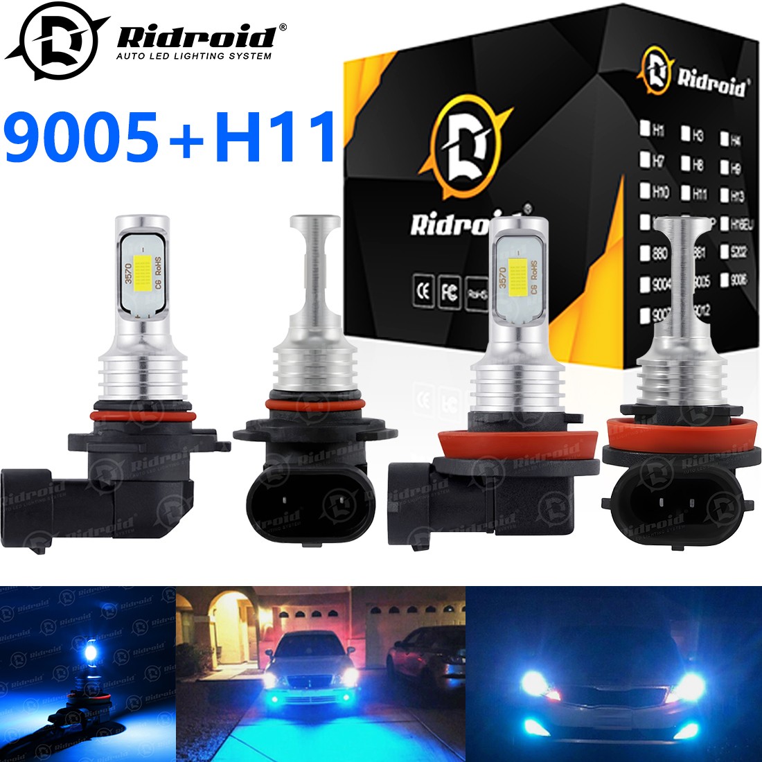 H11 9005 LED Headlight KIT Combo Bulbs 8000K High&Low Beam Super Bright Ice Blue