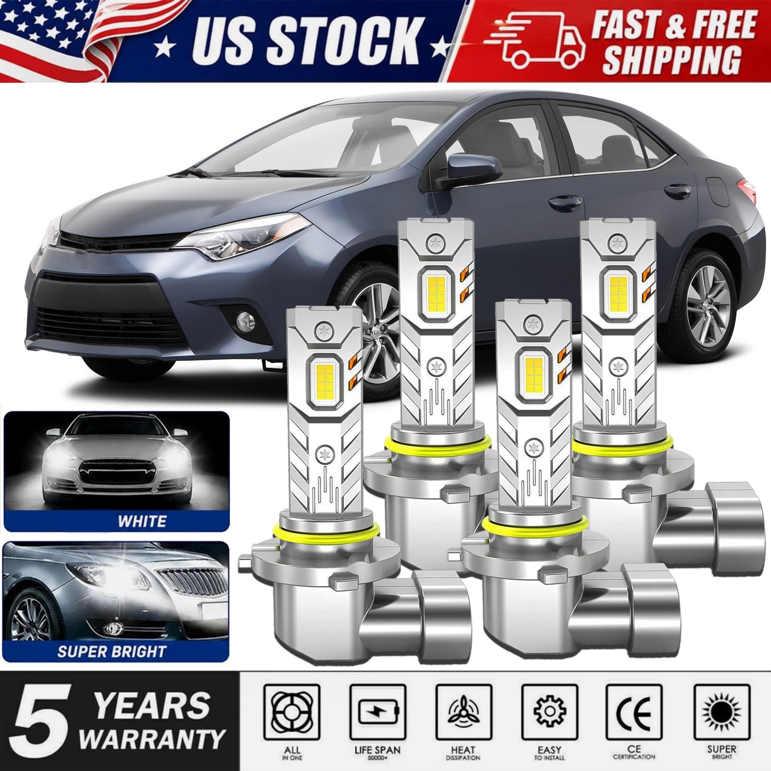 4x LED Headlight Bulbs HB3/9005 HB4/9006 Hi/Lo Beam For Toyota Corolla 2001-2015