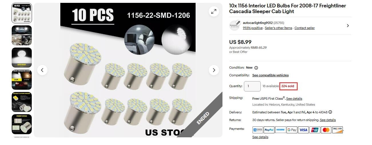 10x 1156 Interior LED Bulbs For 2008-17 Freightliner Cascadia Sleeper Cab Light