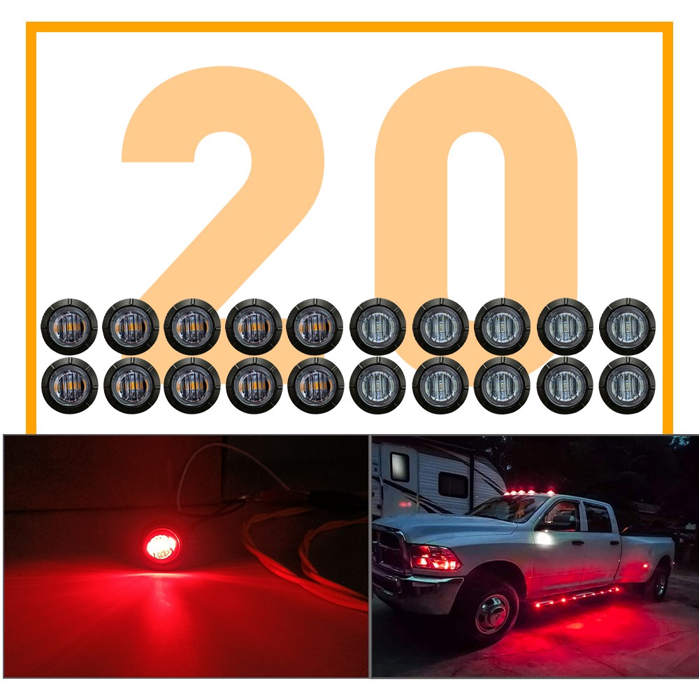 20Pcs Round Amber Red Side Marker Clearance LED RV Trailer Truck Lights Lamp 12V