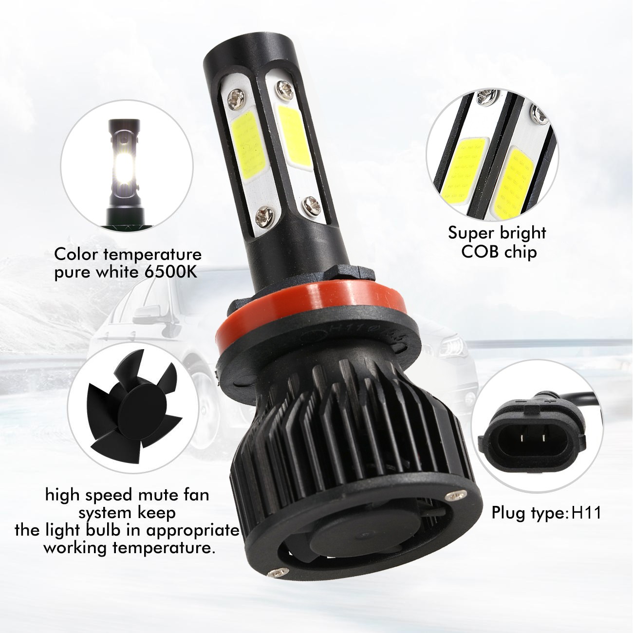 4-sides 9005 H11 5202 LED Headlight Conversion Kit High Low Beam Fog Light 6500K