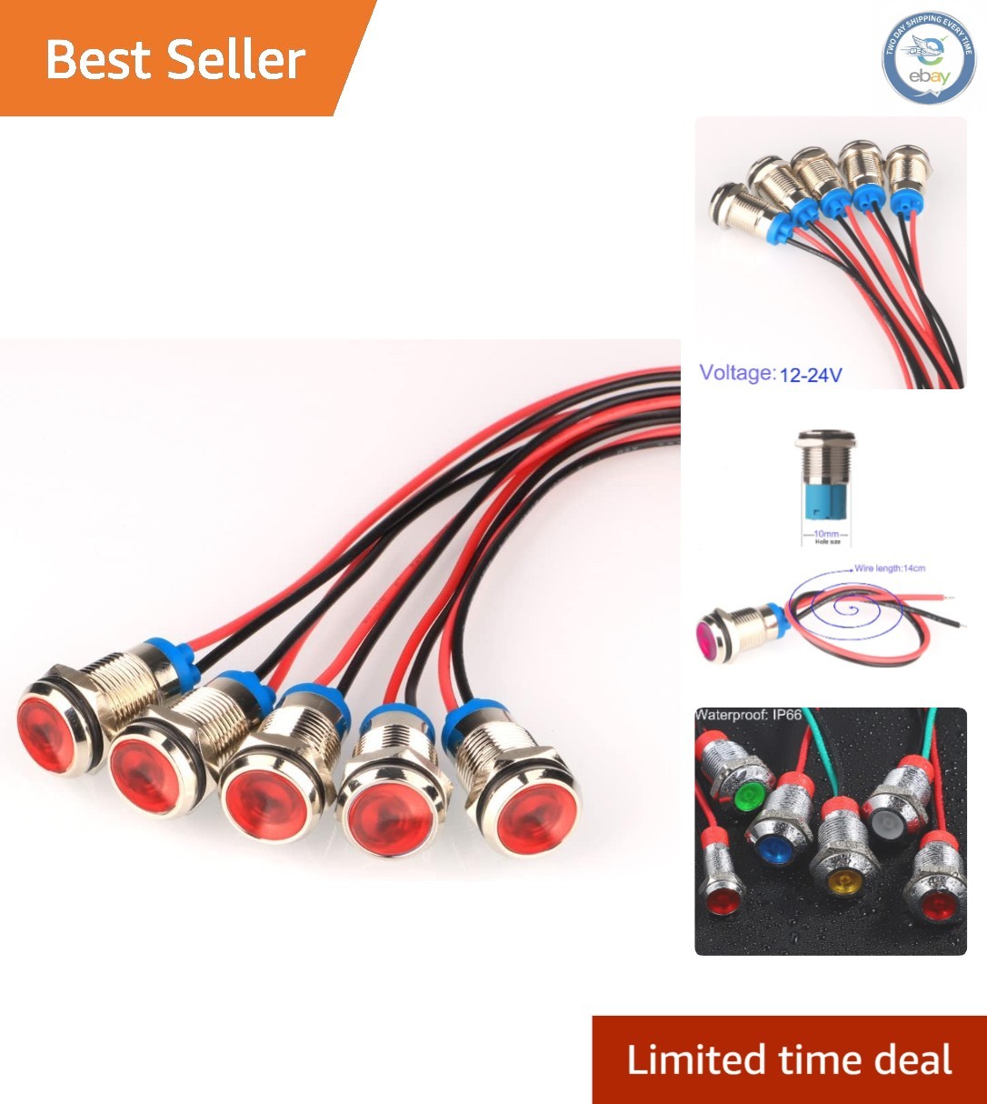 5pcs Waterproof Red LED Indicator Lights – AC/DC 12-24V for Safety & Durability