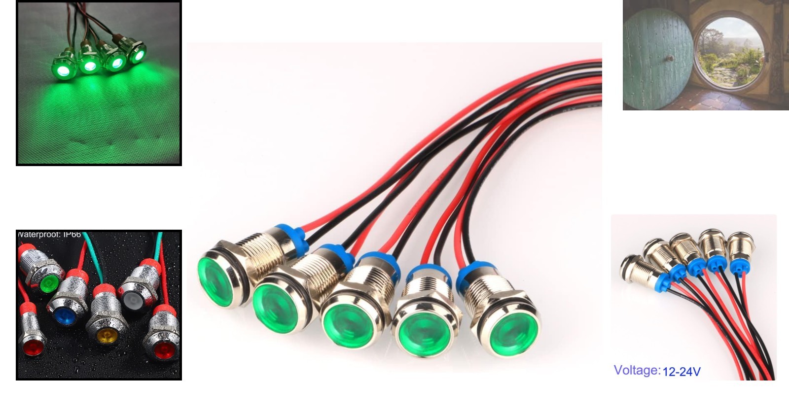 High Brightness Green LED Indicator Lights – 5pcs AC/DC 12-24V Waterproof Design