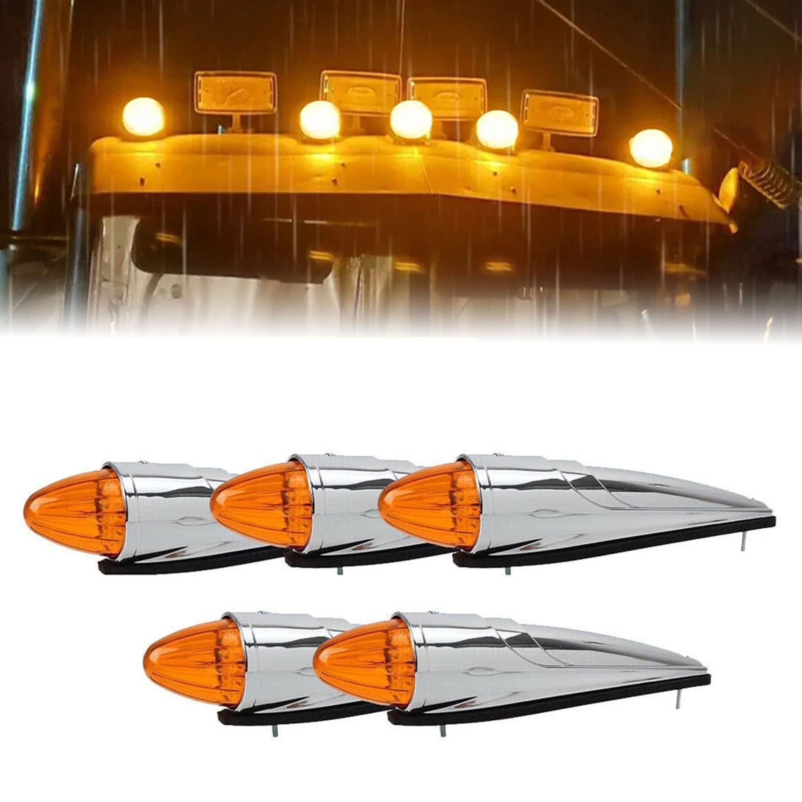 5PCS 17 LED Amber Chrome Torpedo Cab Marker Roof Running Lights for Semi Truck
