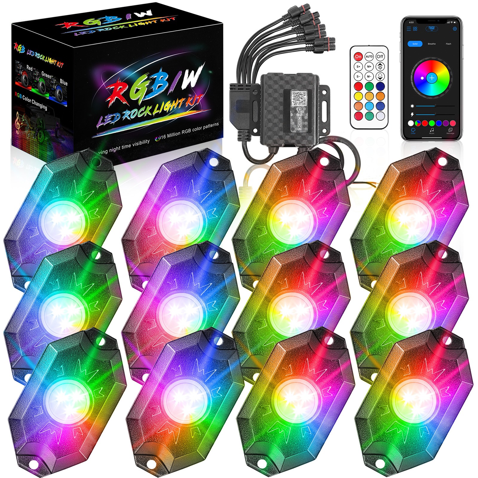 For Yamaha YXZ1000R Wireless Bluetooth 12 Pods RGB LED Rock Lights Underbody ATV
