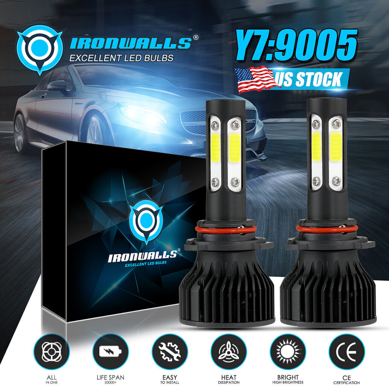 4-sides 9005 LED Headlight Bulbs Conversion Kit White High Beam Replace Halogen