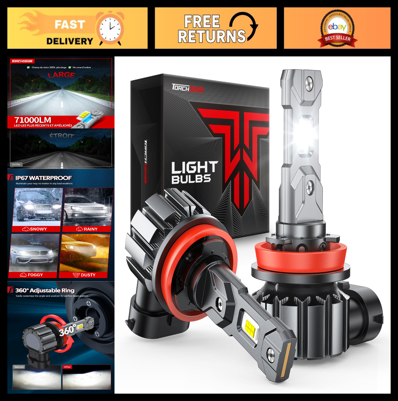 60000LM H11/H8/H9 LED Bulbs – Super Bright 6500K White, Wireless, 2 Pack