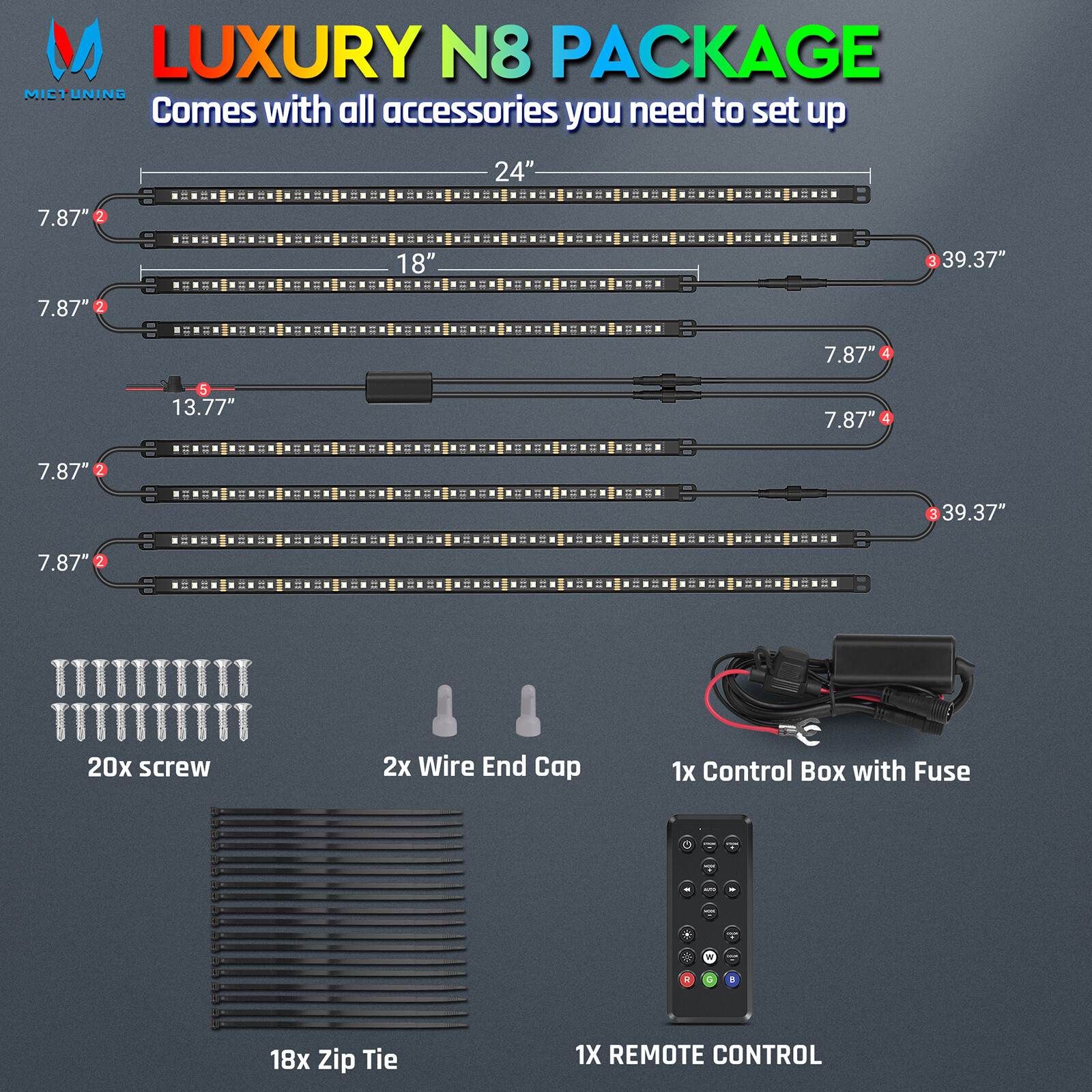 MICTUNING N8 RGBW LED Strip Aluminum Underneath Under Car Neon Lights Wireless