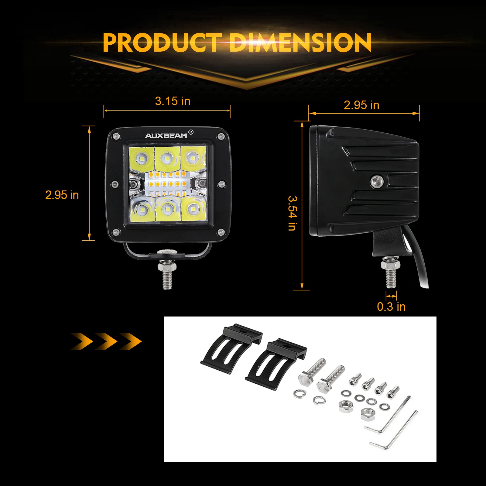 Auxbeam 2X 3“ LED Work Light Strobe Amber White For Polaris RZR 800/900/1000/XP