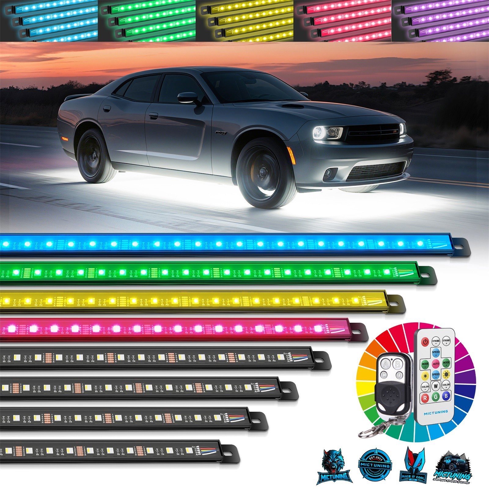 MICTUNING 8pc RGBW LED Underglow Light Bar – Fob/Remote Control Underbody Strips