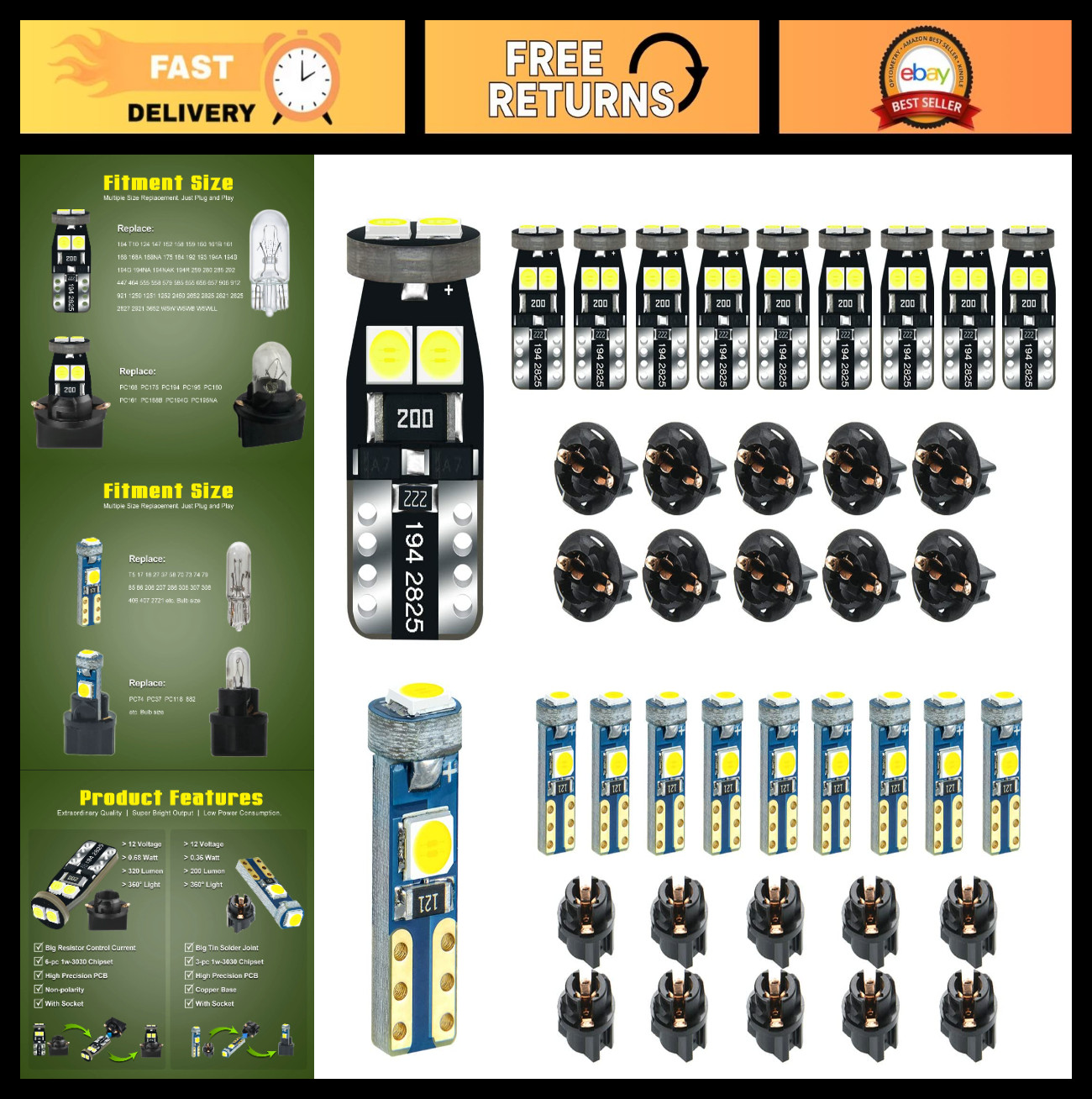 Bright White LED Dashboard Instrument Light | 12V Socket Replacement for T5 T10