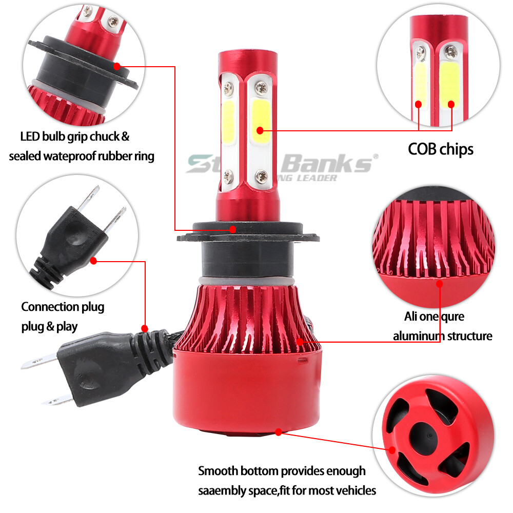 2x H7 LED 6000K Headlight Bulb 4-Sides High Low Beam Foglight Kit 180W 32000LM
