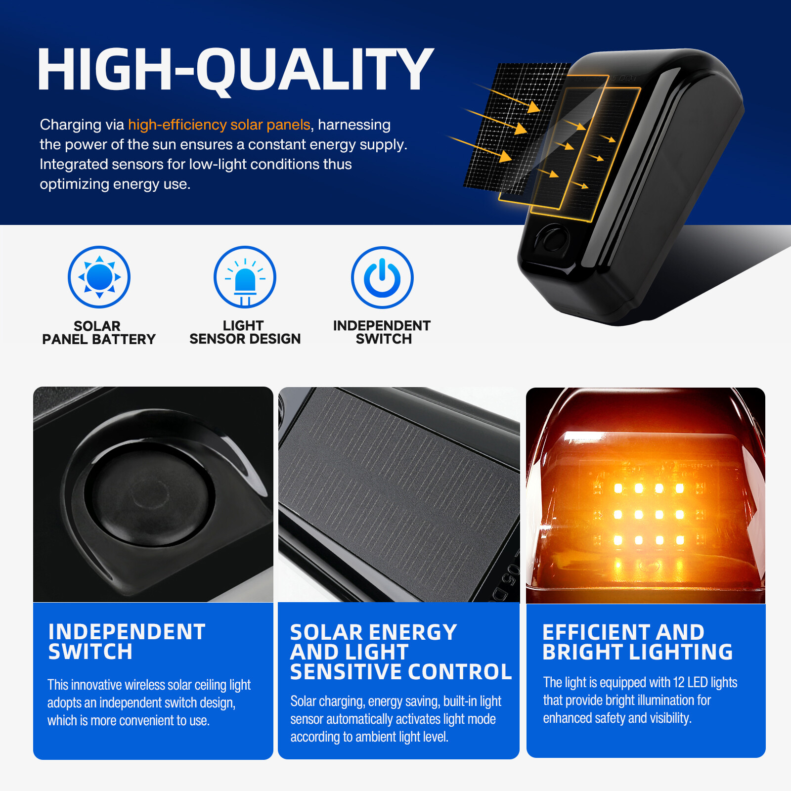 For Ford Excursion Powered Wireless Solar Roof LED Cab Marker Light Amber 5pcs
