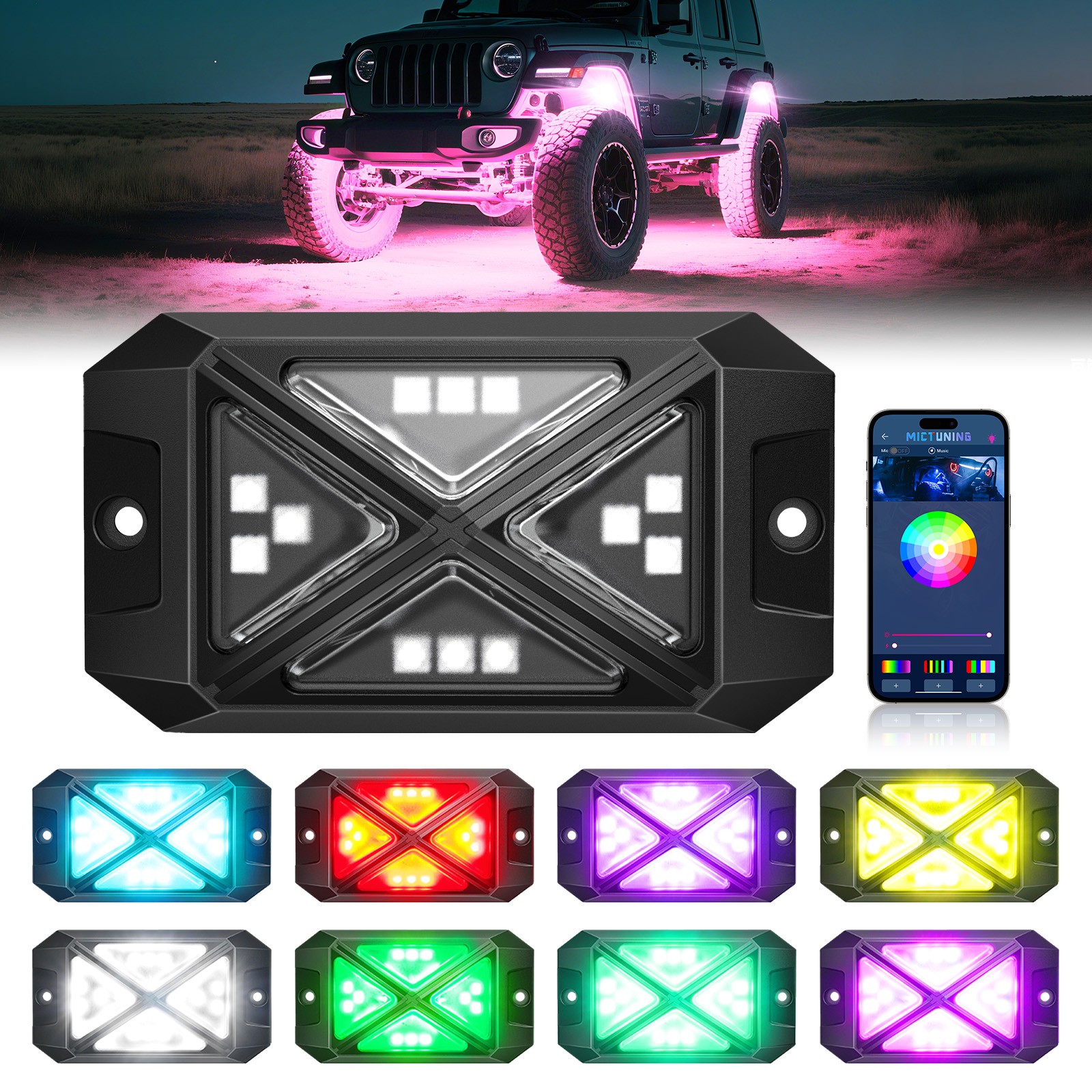 MICTUNING RGB Rock Lights 4 Pods Underglow Underbody Neon Lights for Truck ATV