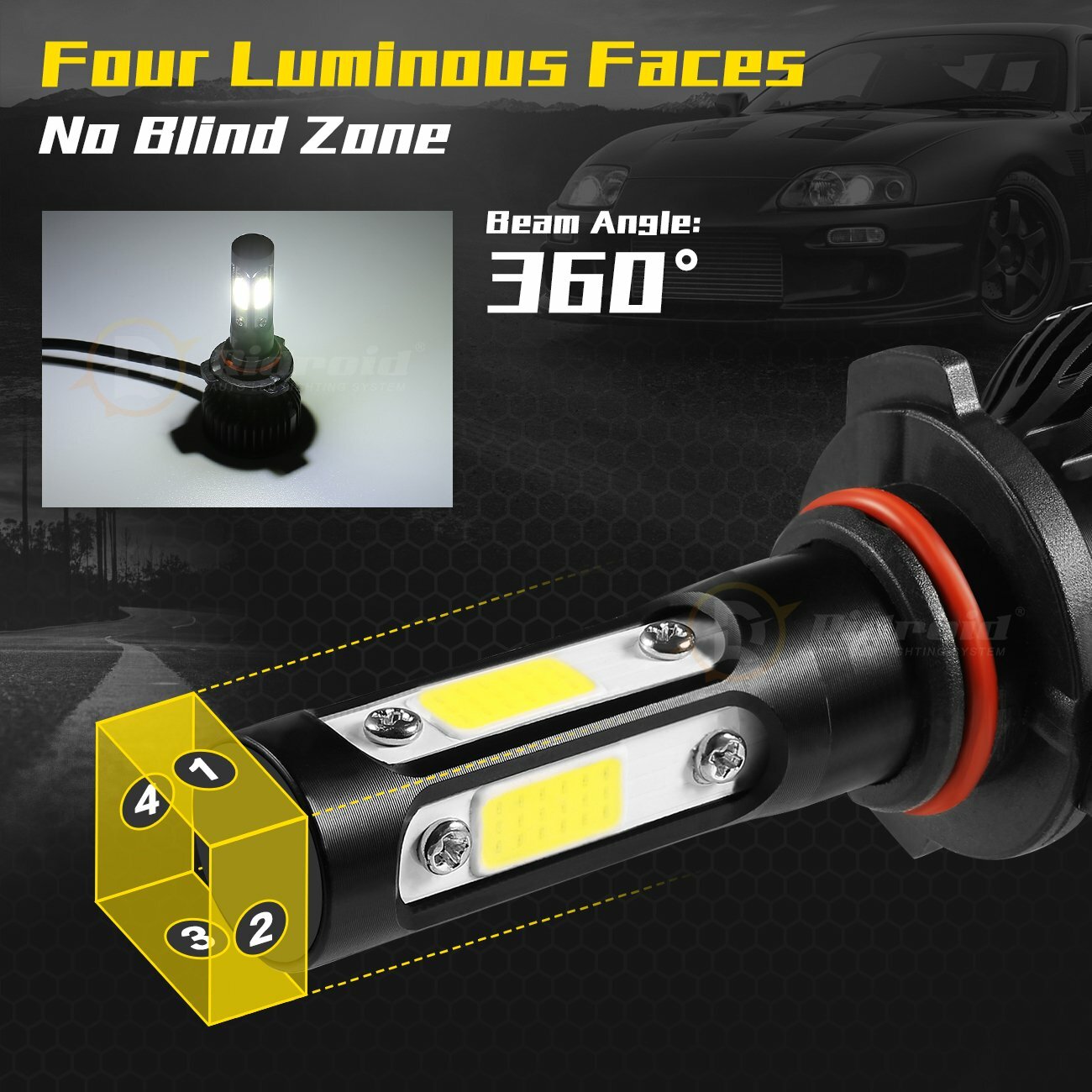 Pair 4-sides LED Headlight Kit 9005 HB3 H10 9140 9145 2400W 6000K 360000LM Bulbs