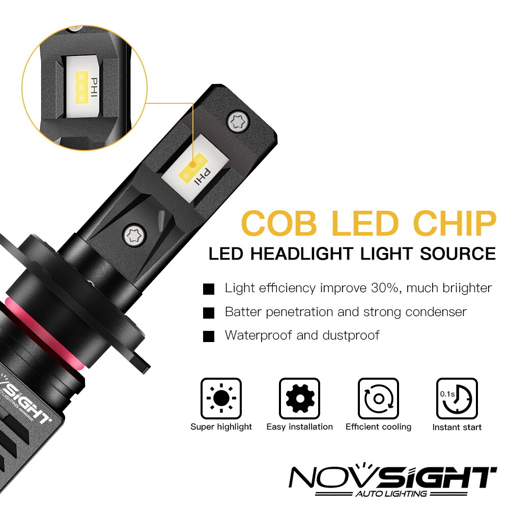 2x NOVSIGHT H7 H11 9005 LED Headlight Bulb Kit Hi/Lo Beam 6500K Bright White