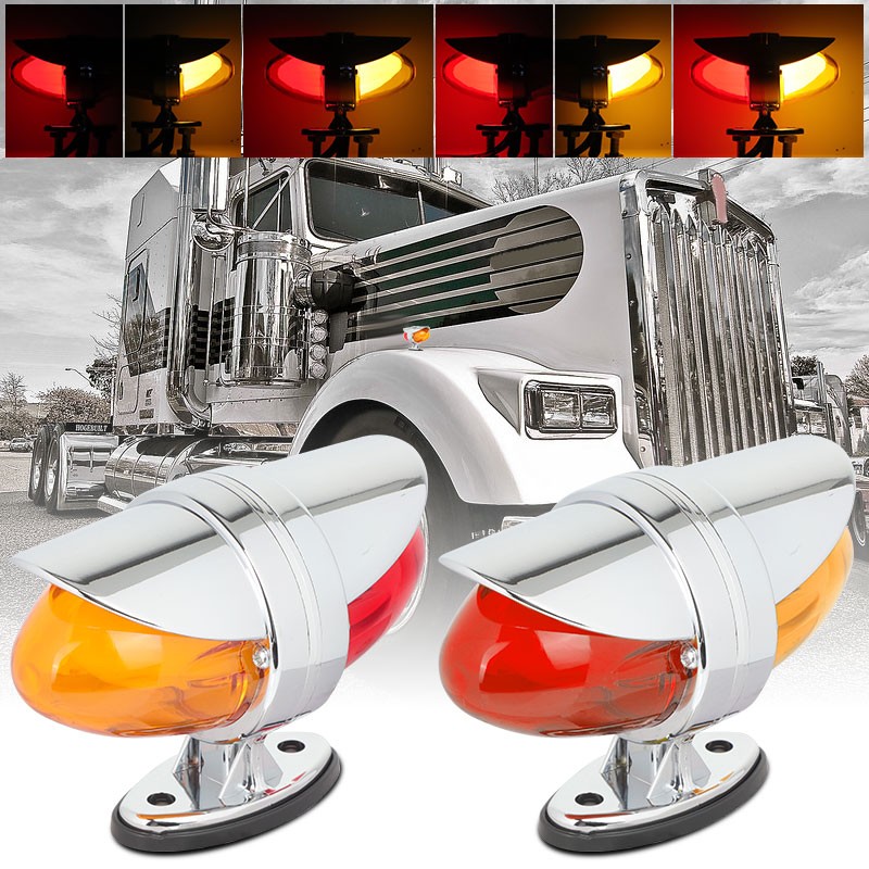 2x Amber Red LED Watermelon Pedestal Fender Lights Dual Face Lamp Truck Trailer