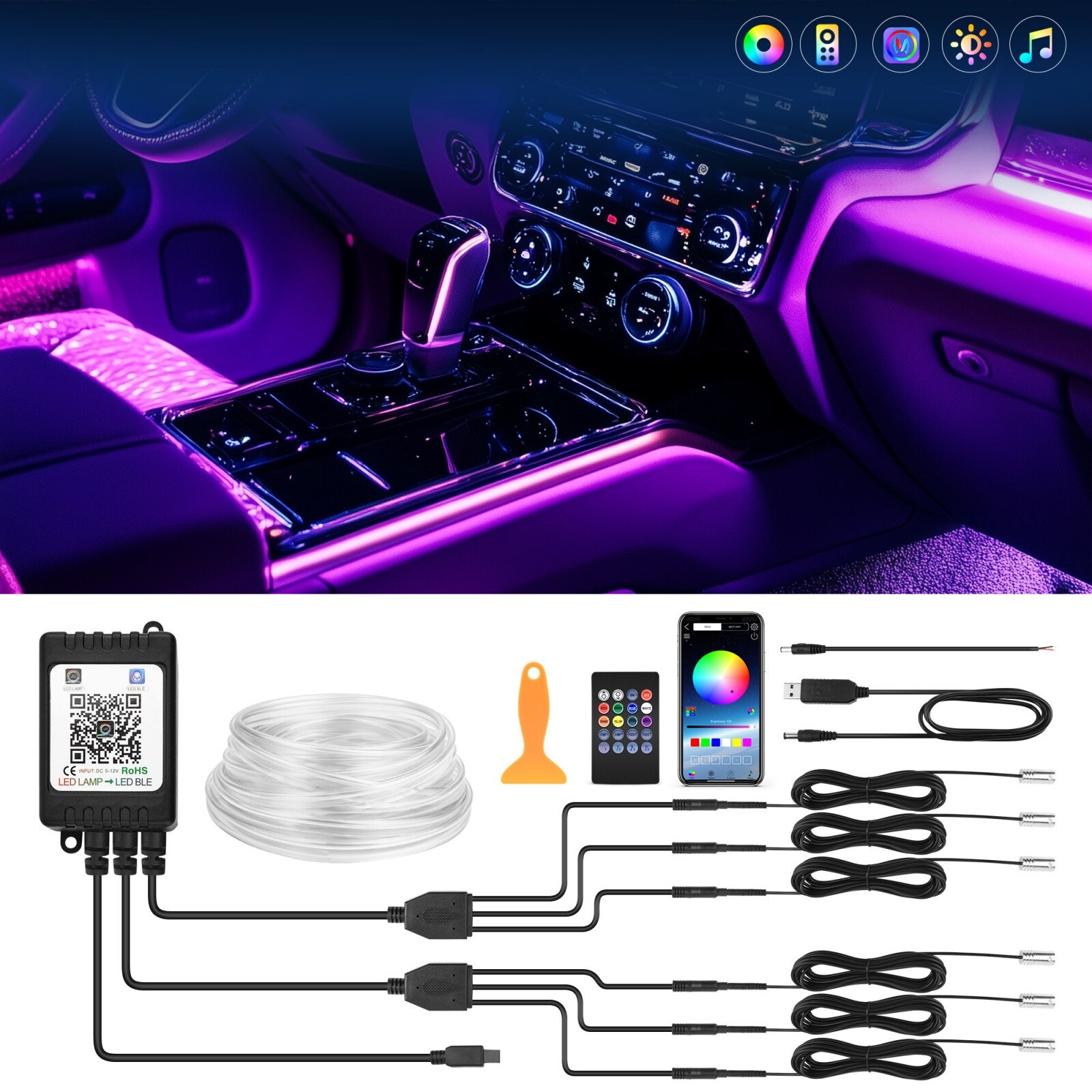10M RGB 8 in 1 Car Light Strips SUV Car Interior Accent Decor Neon Lighting Kit