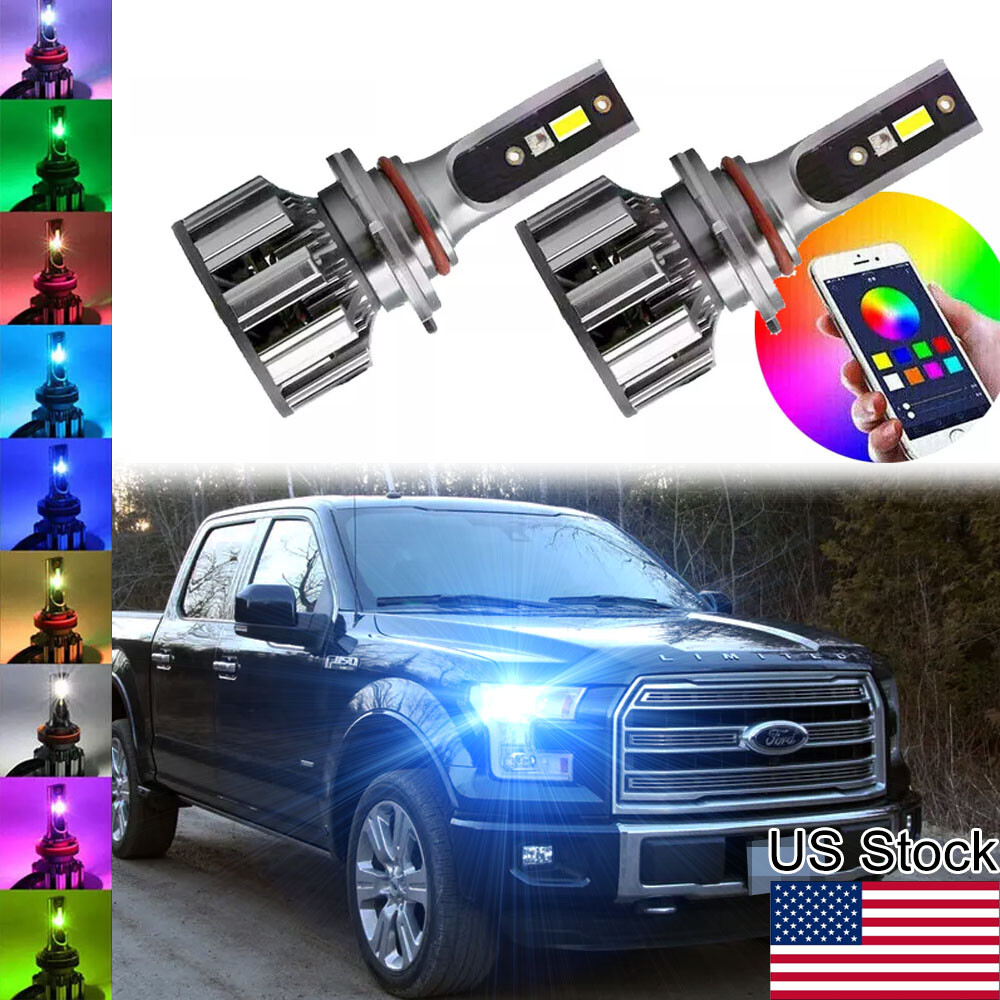 2Pcs 9005 HB3 RGB LED App Control Headlight Bulbs For Ford F-150 Ram Chevy etc