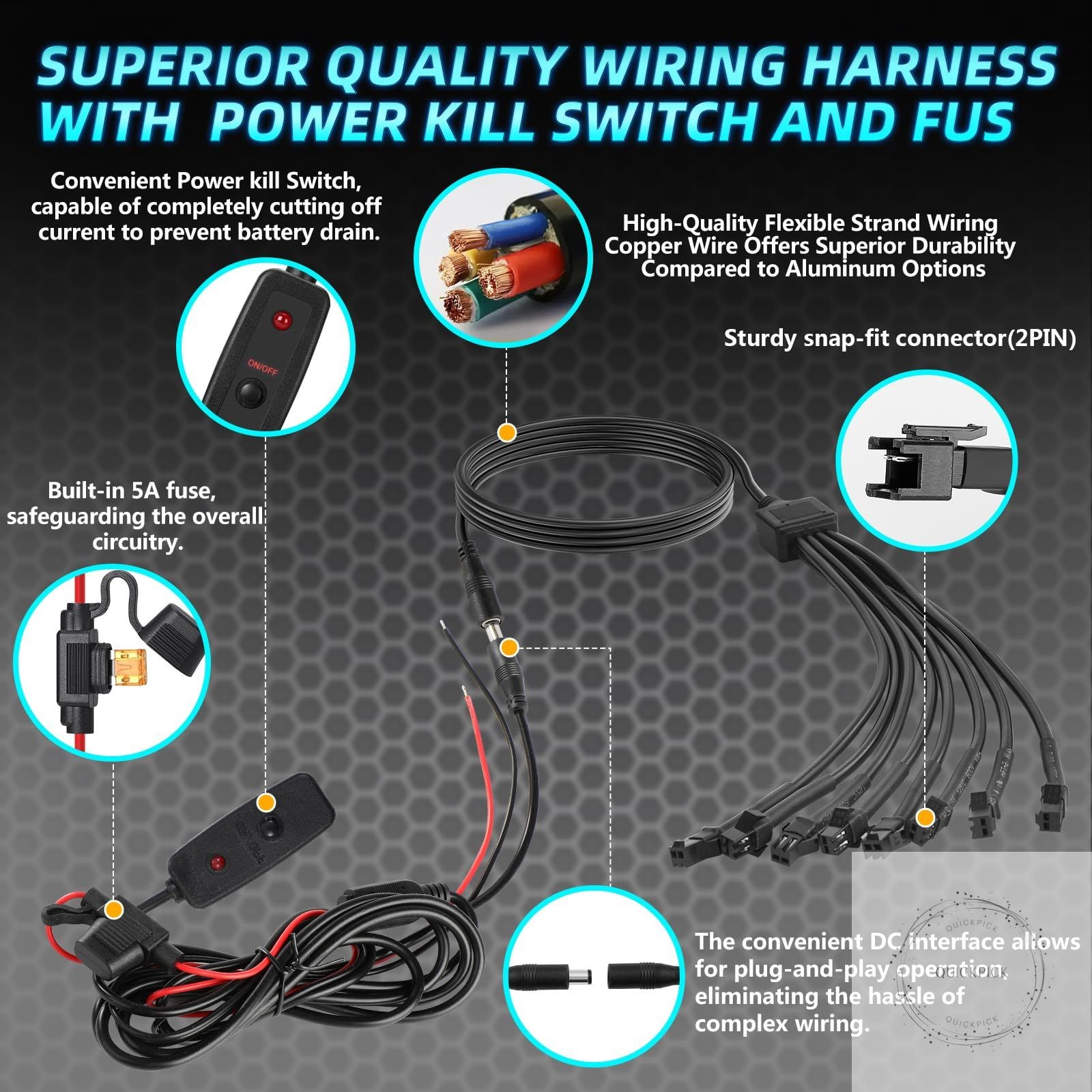 8Piece Bright Pure White LED Rock Lights Kit 6500K with Wiring Harness Power Kil