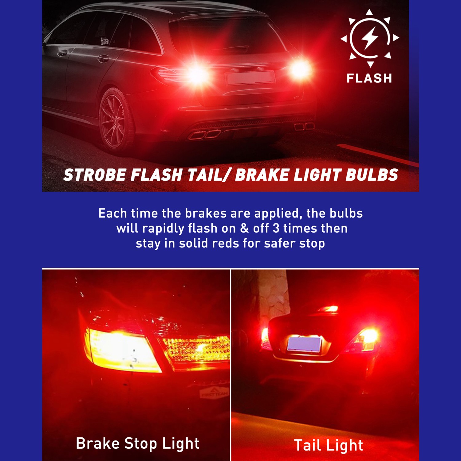 2x 7443 7440 LED Strobe Flash Brake Stop Bulb Tail Blinking Light Safety Warning