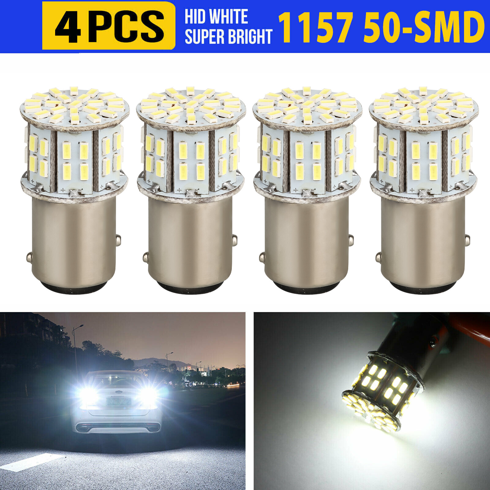 4x 1157 50-SMD LED Tail Brake Stop Backup Reverse Turn Signal Lights Bulbs White