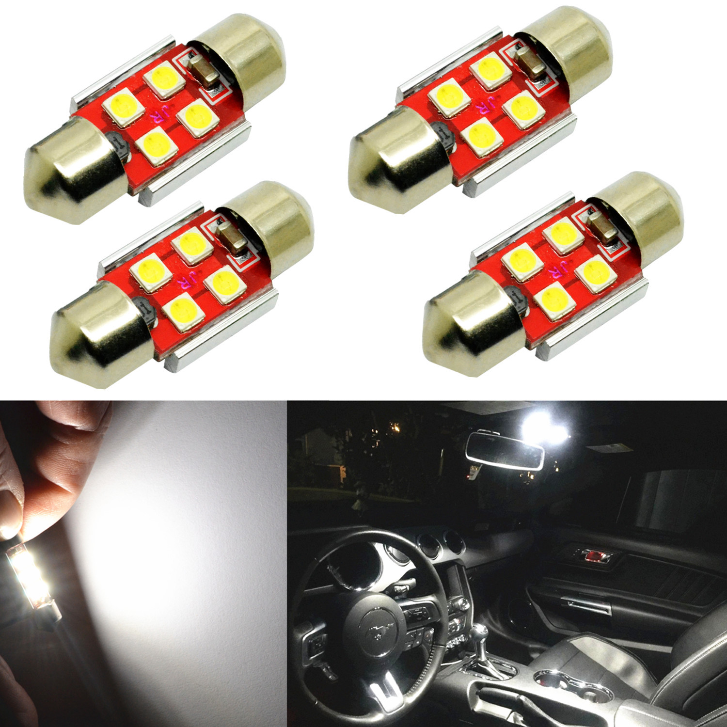Alla Lighting 800LM 3030 LED Dome Map Trunk Light Festoon Bulb DE3175,White,4x