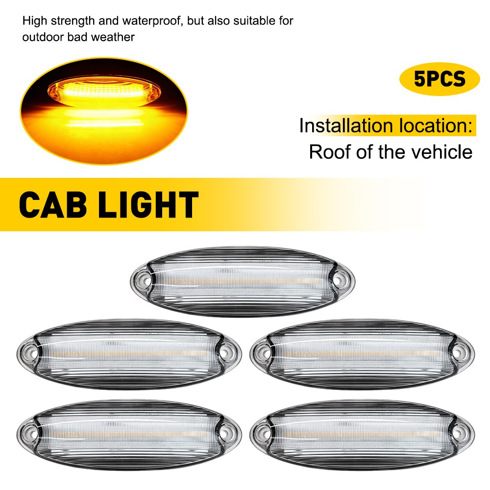 For Freightliner Cascadia All Years Clear Amber LED Raised Roof Marker Lamps 5Pc