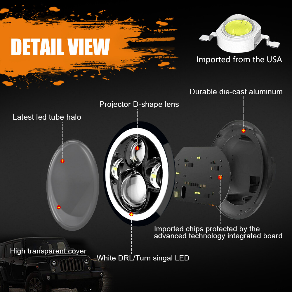 Pair 7 inch Round LED Headlights HI-Lo Beam For Freightliner Coronado 2001-2016