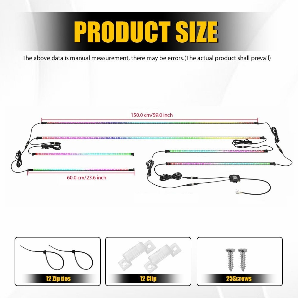 Double Row CHASING 2X 4FT +2X 6.5FT RGB Underglow Light Strips for Car Truck SET