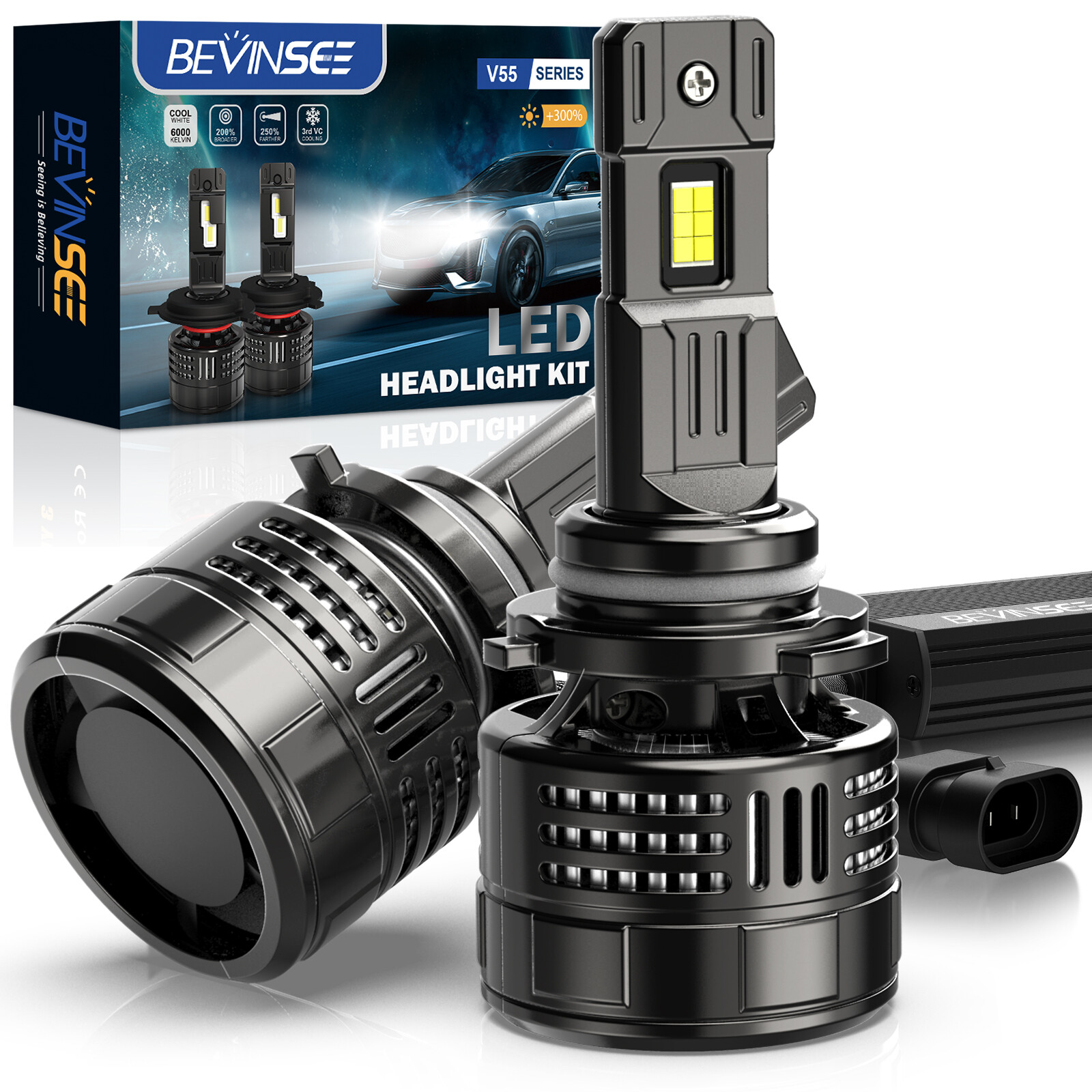 Bevinsee 9005 HB3 LED Headlight Bulbs Hi/Low Beam Light 40000LM 150W High Power