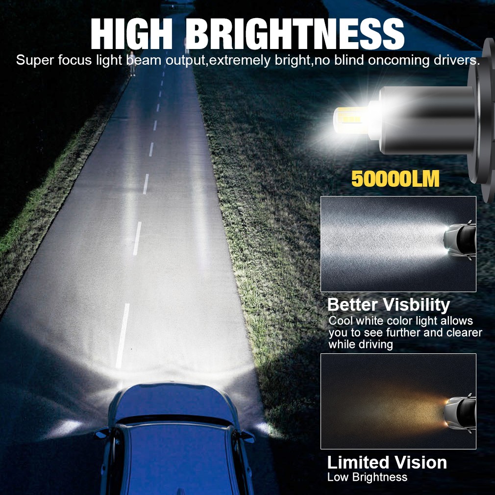 360° 6-Side H1 H11 H7 9005 9006 9012 LED Headlight Light Bulb Hi/Lo Beam 50000Lm