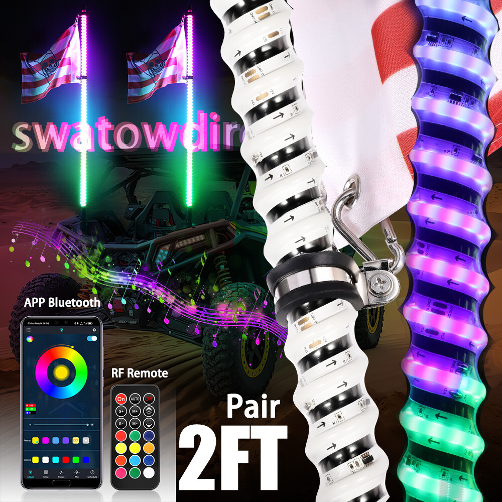 For Can-am Maverick X3 Pair 2FT Spiral RGB LED Whip Lights Wireless APP & Remote