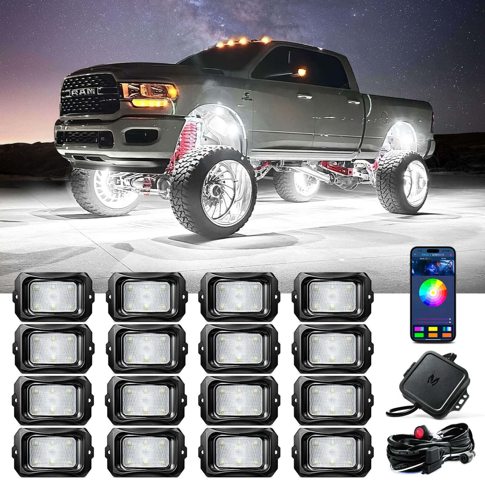 MICTUNING Rock Lights Kit Q1 RGB RGBW LED Off Road Underglow Neon Lamp w/ Remote