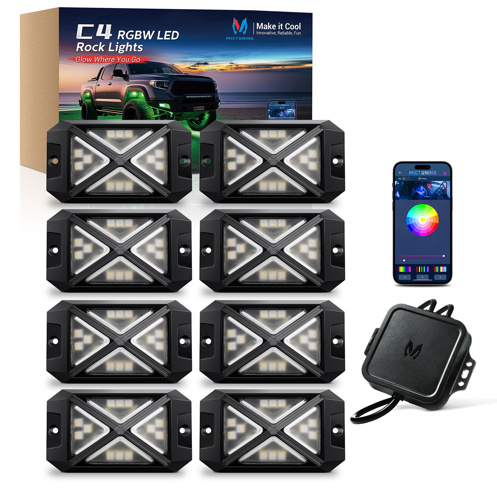 MICTUNING RGB Rock Lights 4 Pods Underglow Underbody Neon Lights for Truck ATV