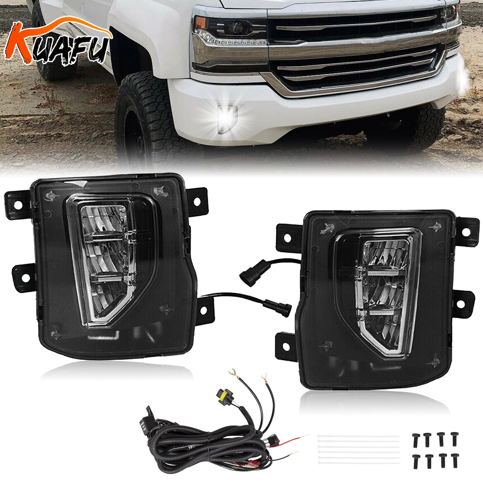 KUAFU LED Bumper Fog Lights Lamps W/switch For Chevy Silverado 1500 2016-2018