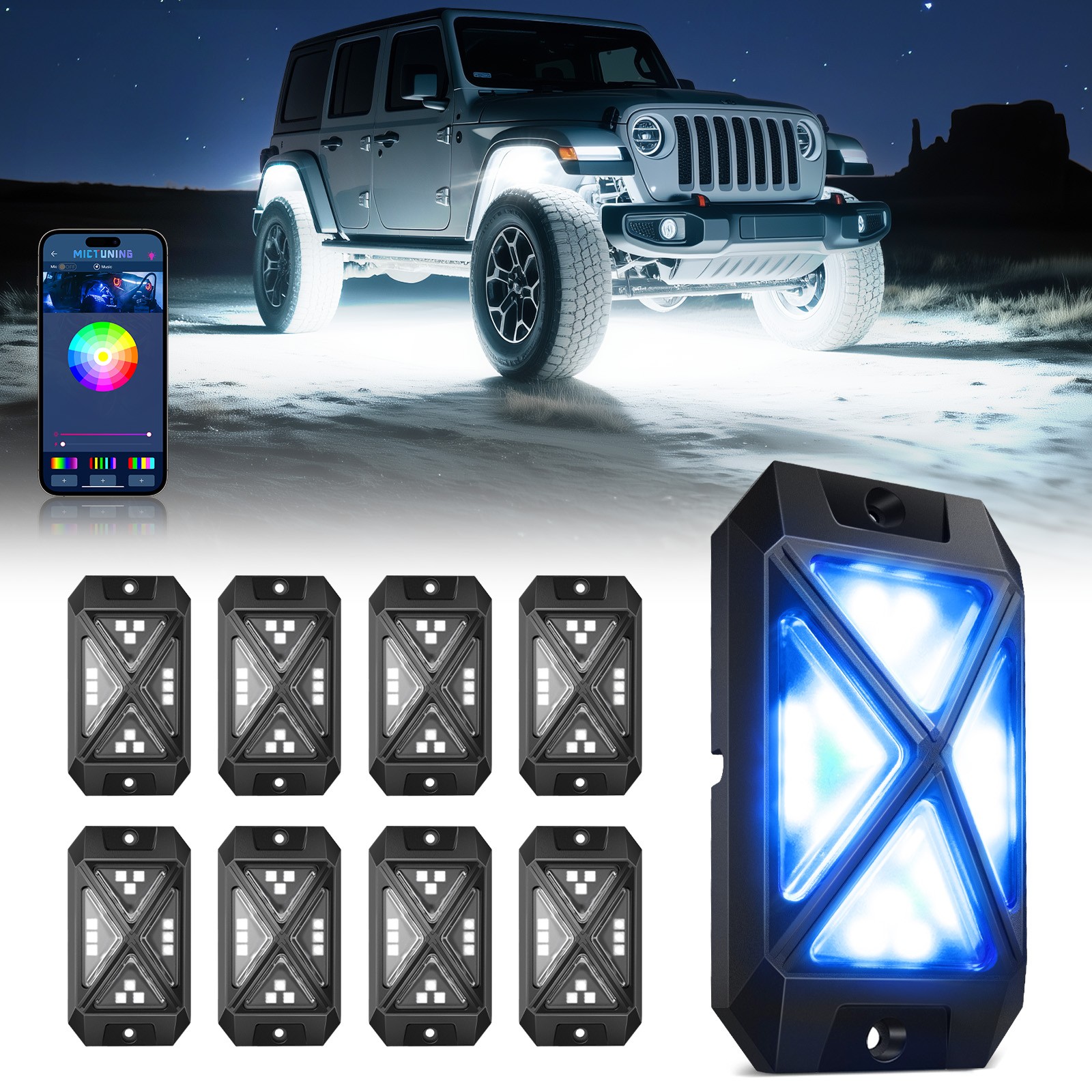 MICTUNING RGB Rock Lights 4 Pods Underglow Underbody Neon Lights for Truck ATV