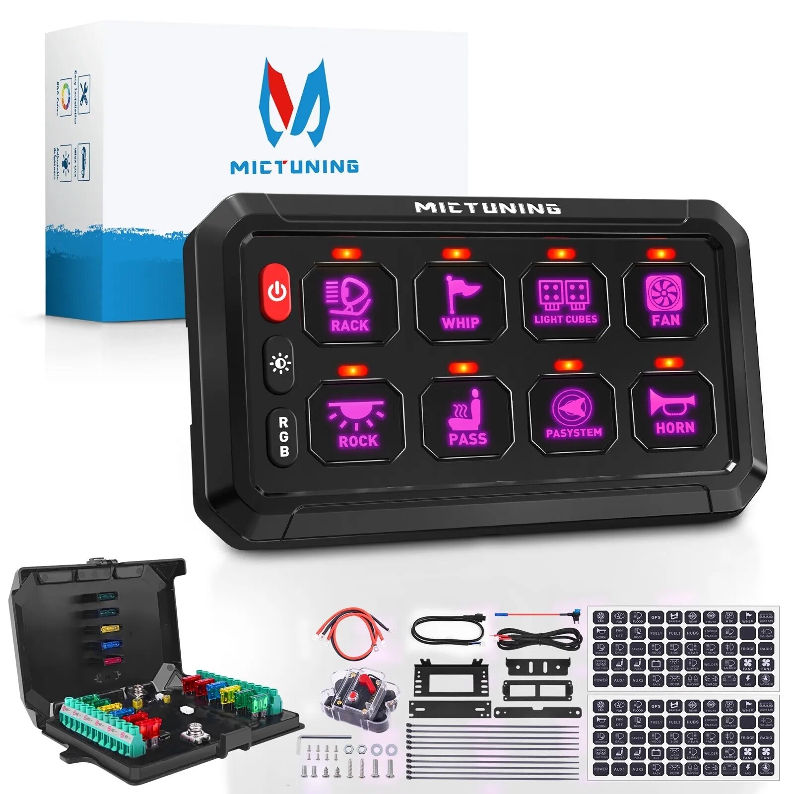 MICTUNING RGB 8 Gang Switch Panel LED Circuit Control Relay System Multipe Mode