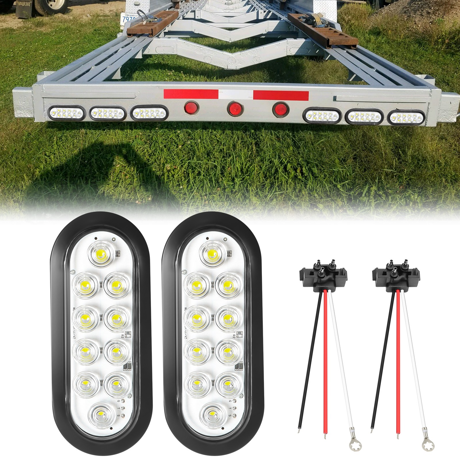 White 6″ Oval Trailer Lights 10 LED Stop Turn Tail Truck Sealed Grommet Plug DOT