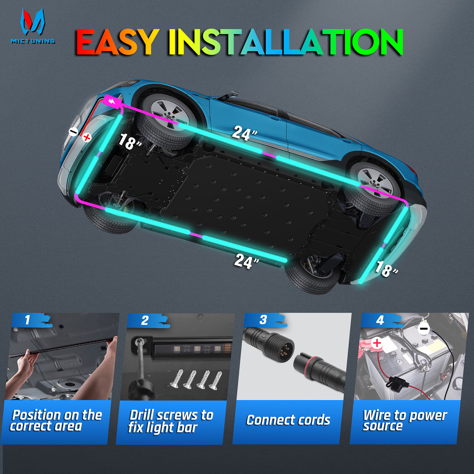 MICTUNING N8 RGBW LED Strip Aluminum Underneath Under Car Neon Lights Wireless