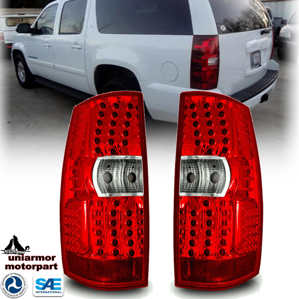 For 2007-2014 Chevy Suburban Tahoe LED Tail Lights Chrome Red Rear Brake Lamps