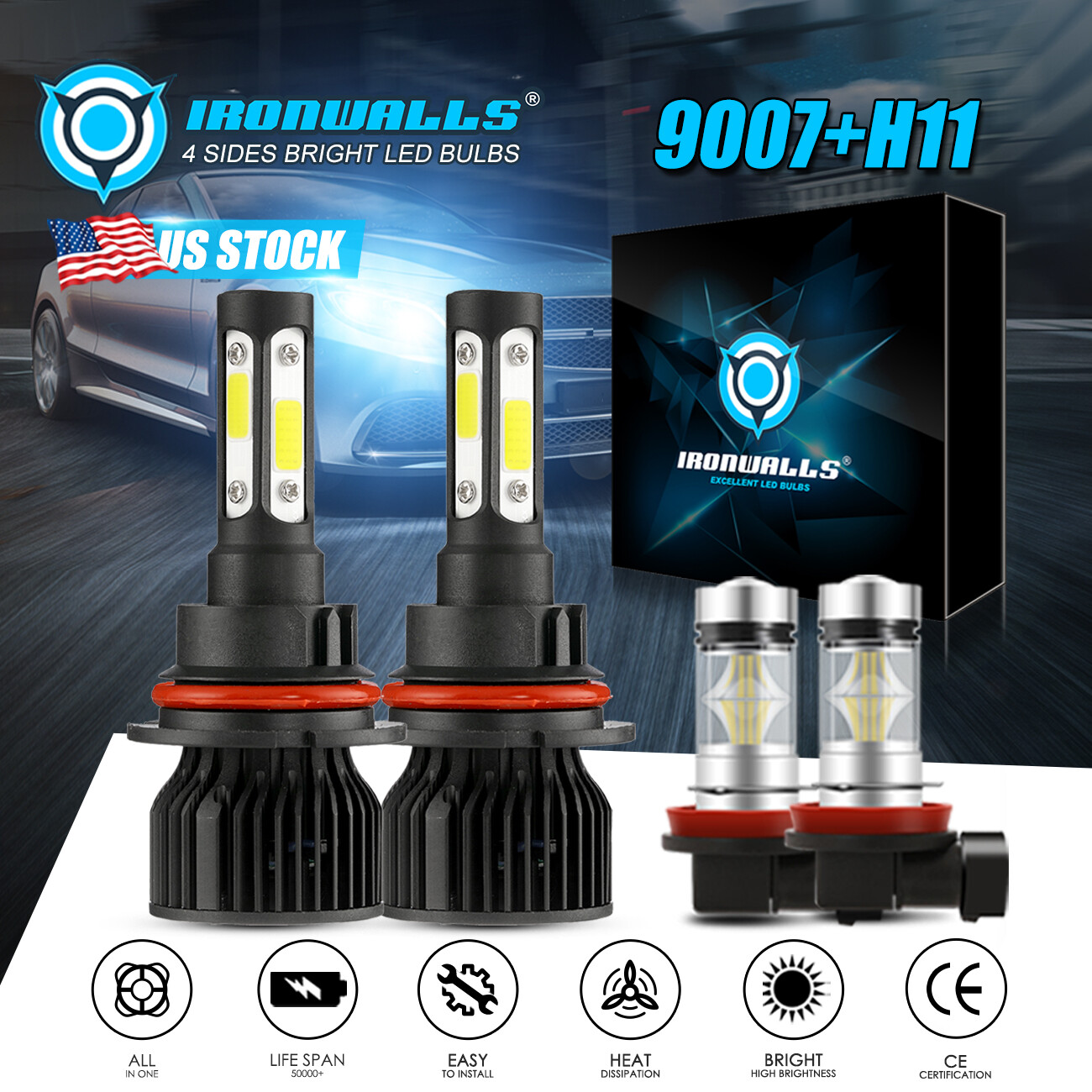For Nissan Juke 2011-2014 – 4-sides 6000K LED Headlight Hi/Lo Beam + Fog Bulb 4x