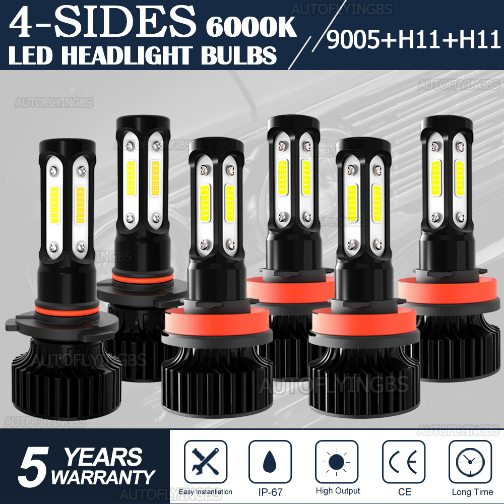 4-Sides 9005 H11 H11 LED Combo Headlight Fog Light Kit High Low Beam Bulb White