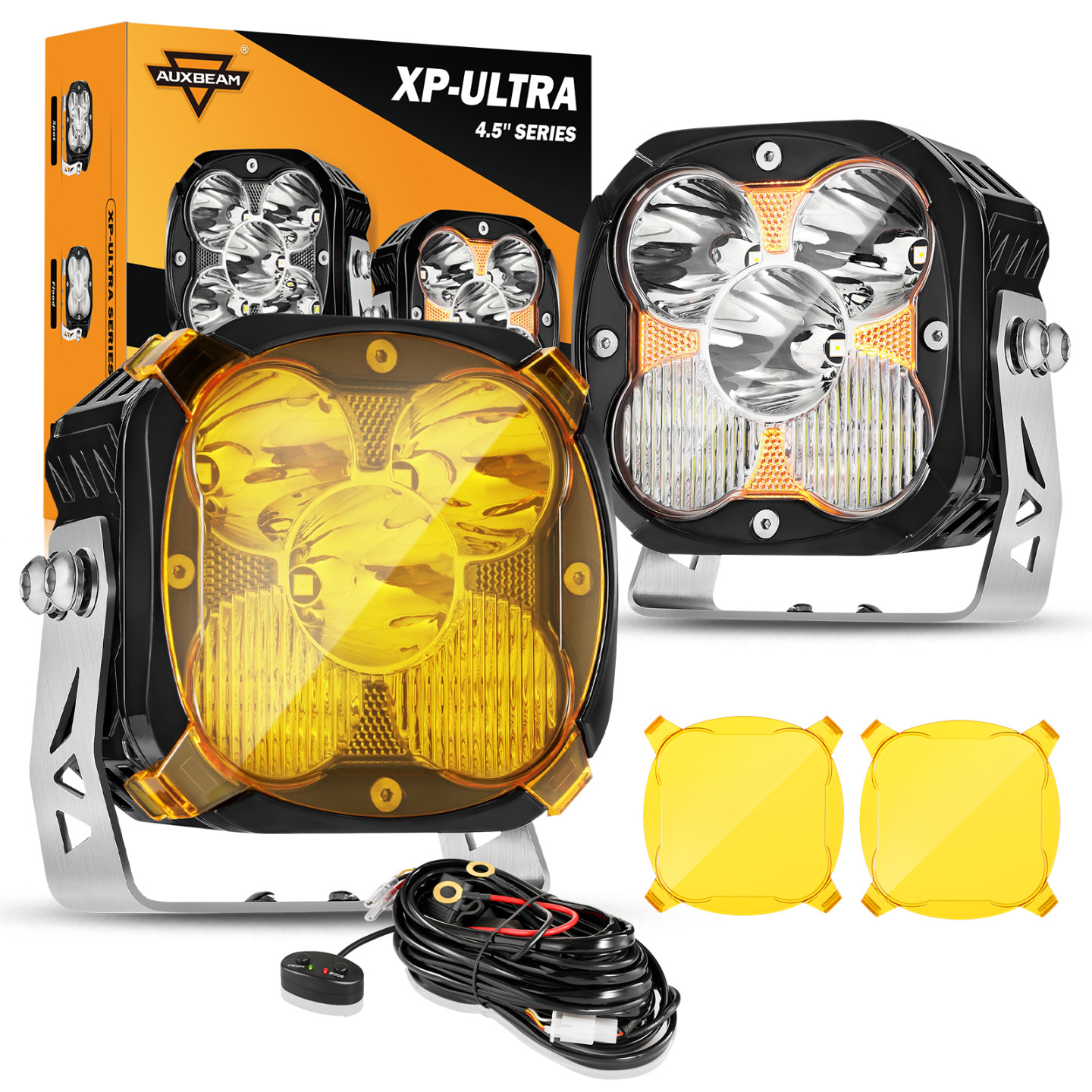 2x AUXBEAM 4.5″ 128W LED Pods Lights Hyper Combo Beam White/Amber & Amber Cover