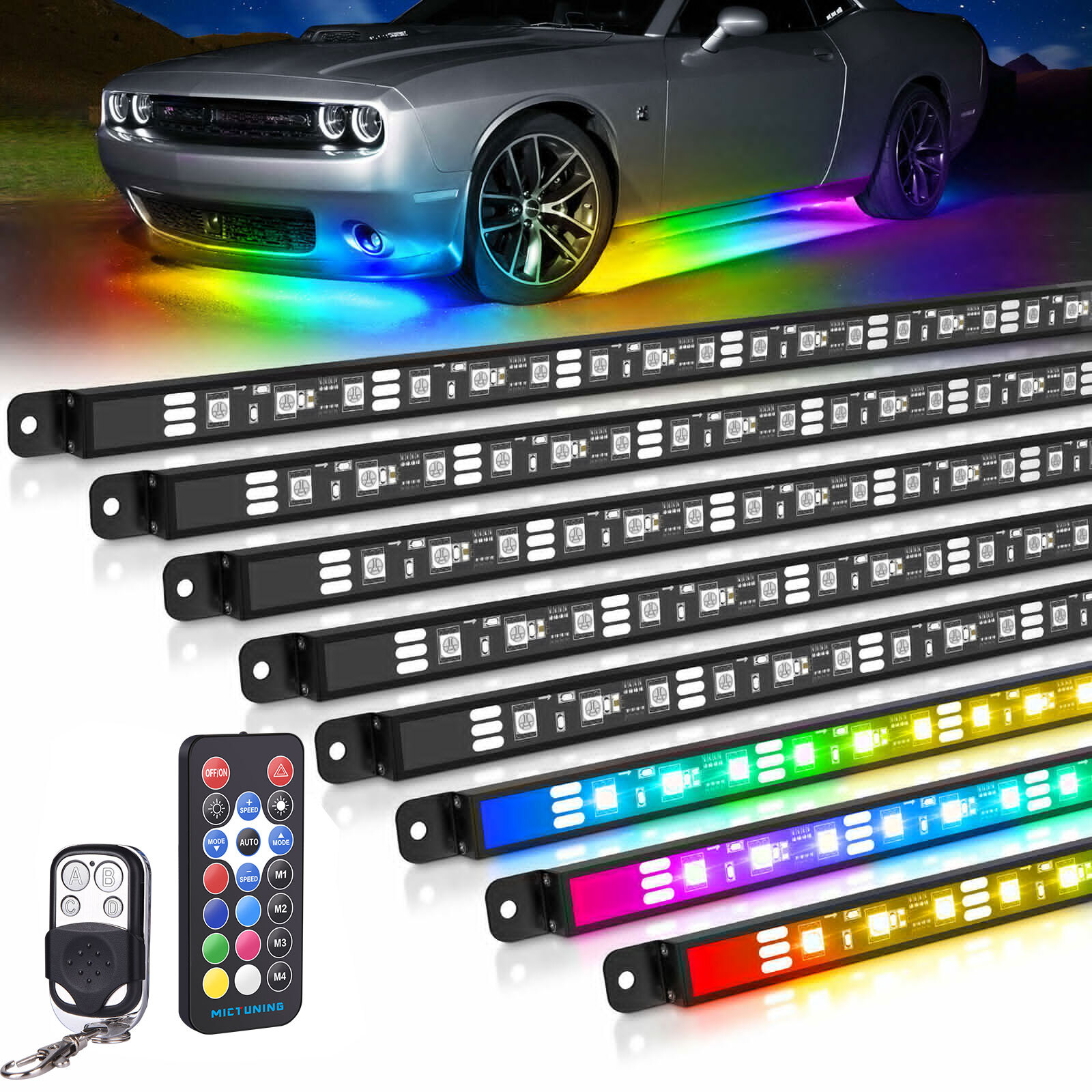 8PC RGB+IC LED Car Underglow Light Kit Exterior Underbody Multicolor Light Strip