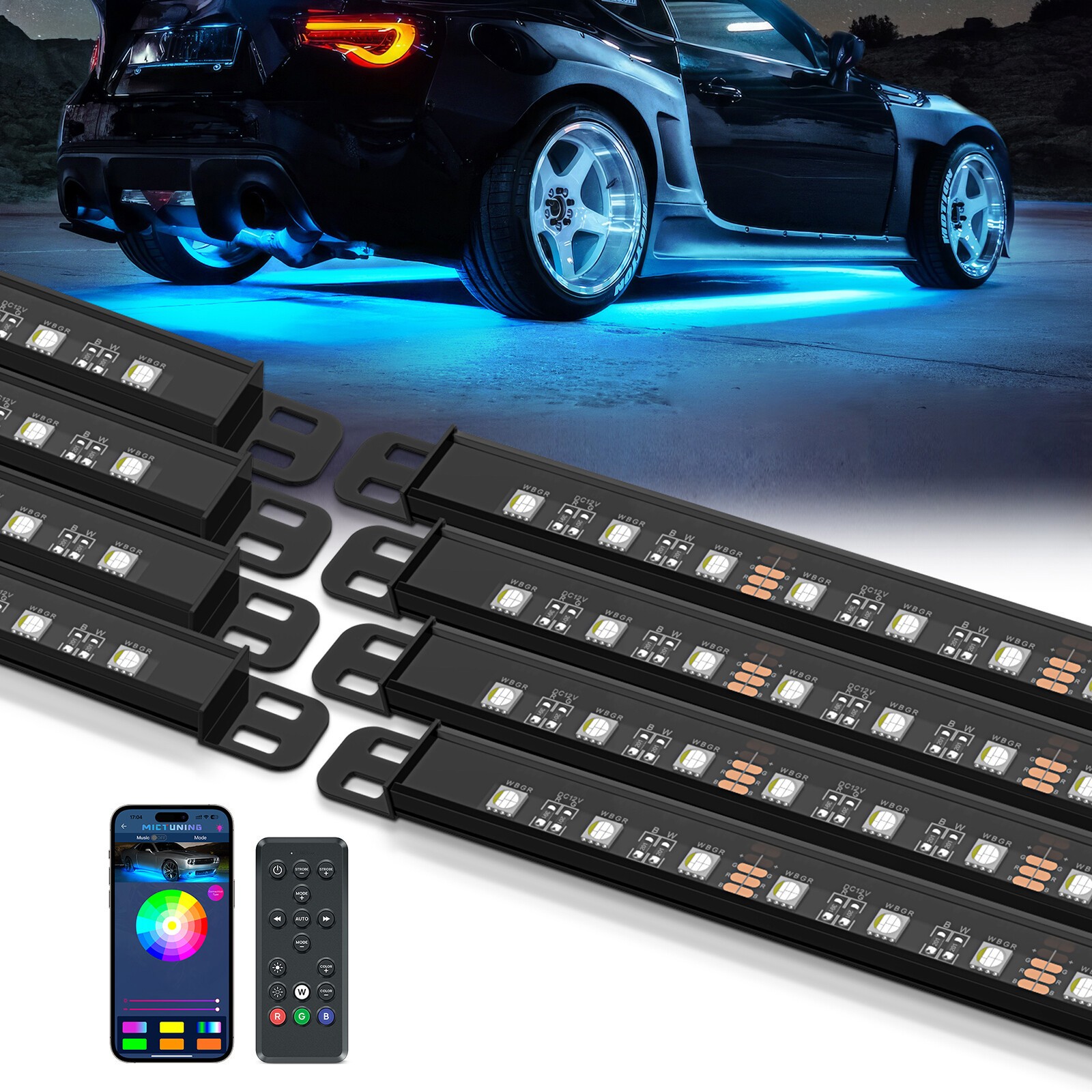 8Pcs Aluminum Car Underglow Light Strips RGBW LED Exterior Underbody Light Bar